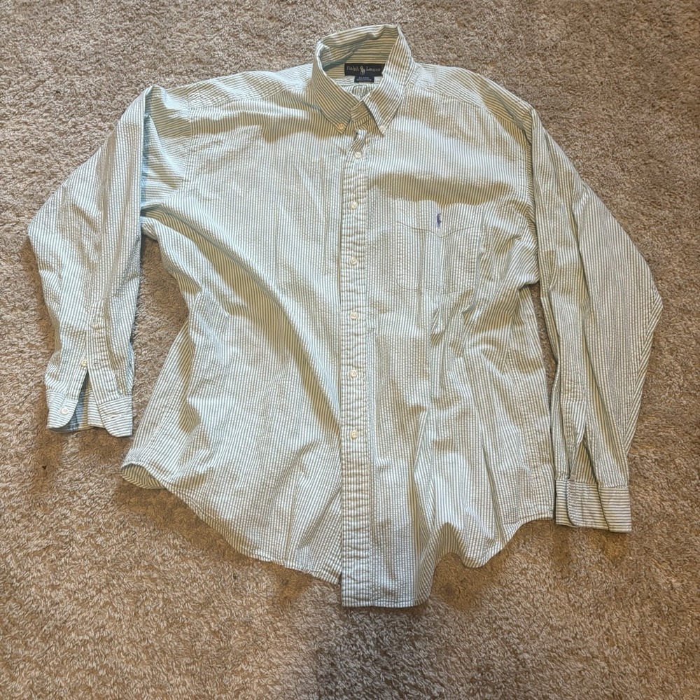 Ralph Lauren Shirt Mens XL Green Stripe Long Sleeve Seersucker Classic Fit